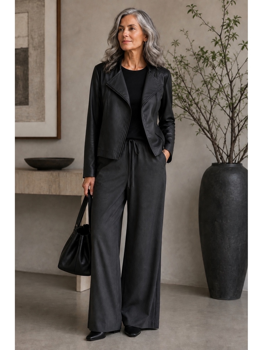 Eileen Fisher L Black Coated Cotton Moto Jacket Italian Fabric Quiet Luxury